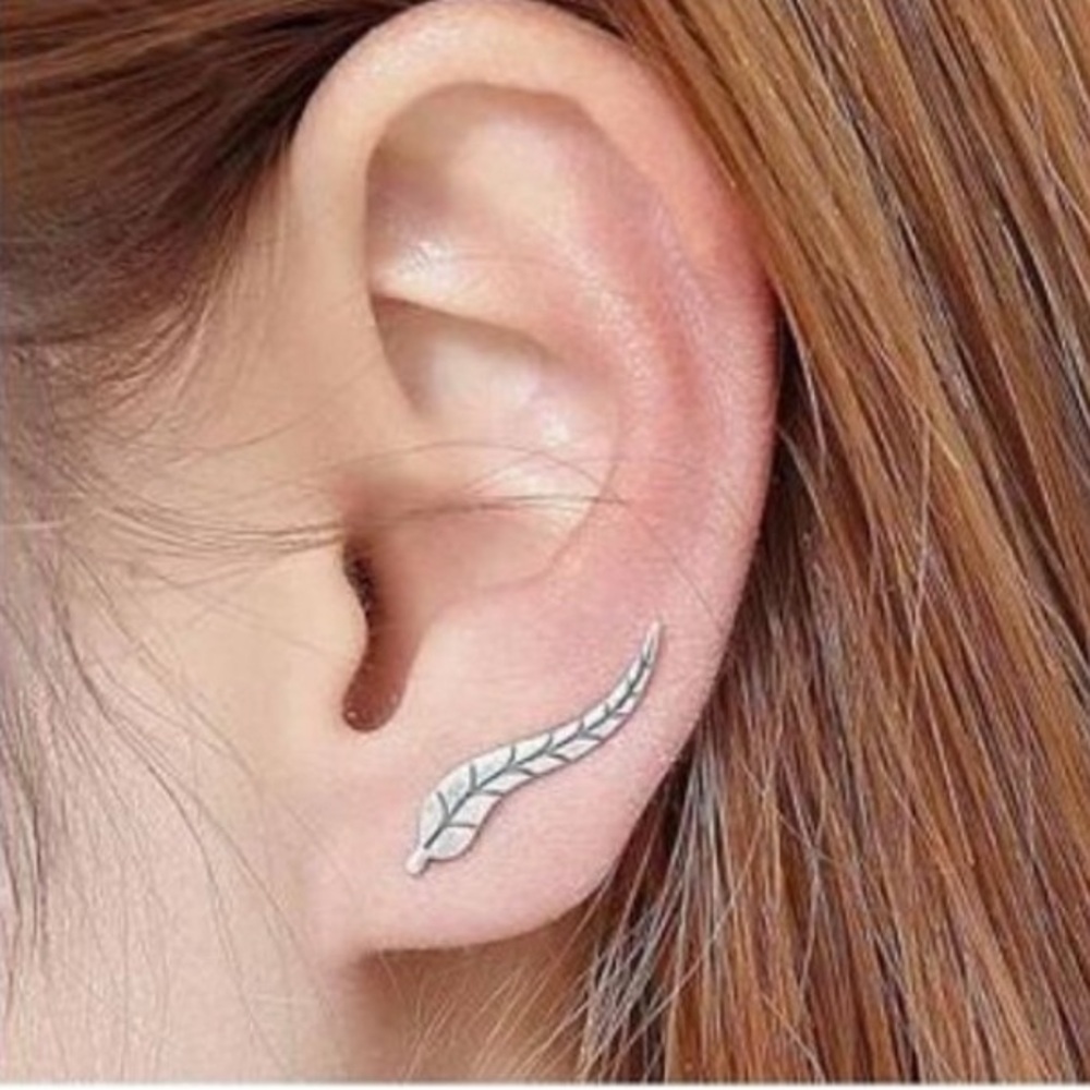 Boho Leaf Stud Earrings | Silver Leaf Climber Crawler Botanical Jewelry